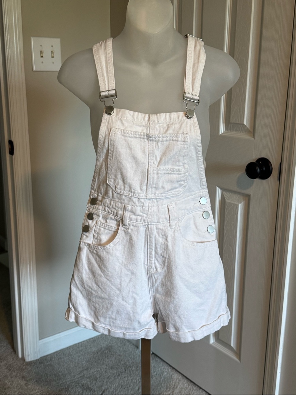 SHEIN White Denim Short Overalls with Adjustable Straps